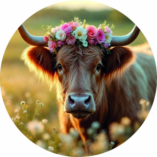 Koe met bloemen krans